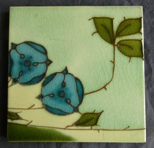 Rare Original Antique Mintons Art Nouveau tube lined tile stylised blue flowers