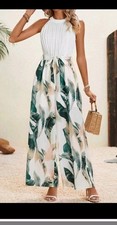 Vacation Tropical Print Lune Jumpsuit Wedding Party  palm leaf XL white green 16