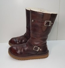 UGG KENSINGTON SIZE 3UK GIRLS BROWN LEATHER WATER RESISTANT SNOW MID CALF BOOTS