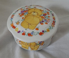 Vintage 1990 Forever Friends Teddy Bear Circular Ceramic Trinket Dish With Lid.