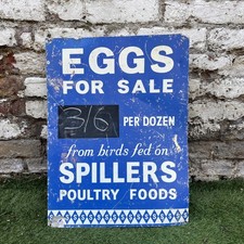 VINTAGE SPILLERS POULTRY FOODS EGGS FOR SALE TIN METAL SIGN BRITISH FARM ADVERT