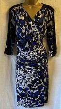 Joseph Ribkoff  V Neck Wrap Blue Mix 20 18 16 Animal Bodycon Ruched Midi Dress