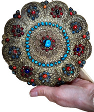 BUDDHIST MANDALA RITUAL ROUNDEL FILIGREE TURQUOISE CORAL NEPAL TIBET MID CENTURY