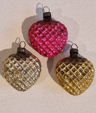 3 Vintage Mercury Glass Diamond Waffle Heart Christmas Tree Ornaments pink ++