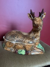 Vintage Michel Caugant Hand Painted Deer Lidded Pate Terrine Dish Signed
