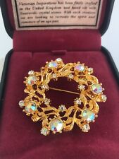 Vintage 1980s Victorian Design Gold Plated Brooch Swarovski Crystals Velvet Box