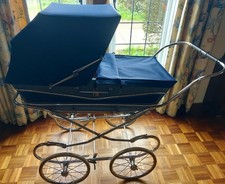 Beautiful Vintage Mothercare Soft Body Pram/ Blue+denim/ Chrome Folding Chassis.