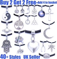 Black Real Leather Cord Charm Choker Necklace Pendant Tibetan Silver For Women