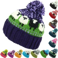 WOOL KNIT BOBBLE BEANIE HAT