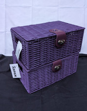 ARPAN Small Resin Woven Storage Basket Box With Lid & Lock - Purple,2 pack