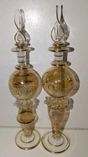 2 X LOVELY VINTAGE GOLD COLOURED HAND BLOWN ART GLASS EGYPTIAN PERFUME BOTTLES
