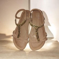 Ladies Beige T- Strap Flat