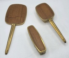Vintage Brass And Wooden Vanity Set - X2 Brush & Mirror