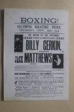 Billy Gerkin v Jack Matthews 1913 Boxing programme Olympia Skating Rink Hanley