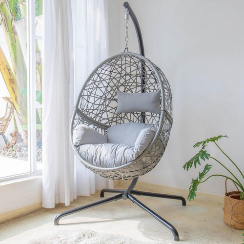 Grey hanging rattan egg chair - grey,