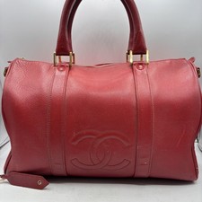 Auth CHANEL Good Condition Coco Mark Boston Bag Hand Bag Leather Red France Jpn
