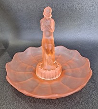 Art Deco Sowerby Frosted Pink Glass Nude Lady Figurine & Bowl Centerpiece c1930s