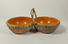 Vintage Wooden Twin Nibbles Bowl with Wire Handle Tiki Rustic