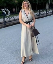 ZARA BEIGE BLACK MIDI DRESS LINEN BLEND BELT V NECK SIZE S  3655/939