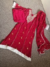 3Pcs Ladies Asian Red Chiffon embroidered Shirt Trouser Dupatta Fancy Outfit