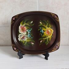 Russian Tin Tray Brown Hand Painted Small Rectangle Flowers Folk Art Floral
