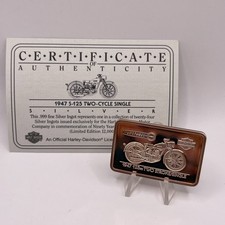 .999 FINE SILVER 1.4 OZ TROY LE HARLEY DAVIDSON 1947 S-125 MOTORCYCLE BAR W/COA