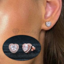 Rose Gold Plated 925 Sterling Silver Heart Cut Cubic Zirconia Halo Stud Earrings