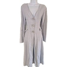 Womens Out Of Xile Blue Linen Silk Puff Sleeve Pockets Vintage Style Long Coat 2