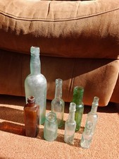 Antique Bottles 1 X Green 1 X Brown 6 X Old Glass Eith Bubbles See Photos
