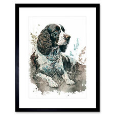 English Springer Spaniel Dog Lying in Field Framed Wall Art Print Picture 12X16