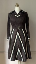 Vintage 1970s Brown Striped Shirt Waist Long Sleeve Below Knee Dress UK 10