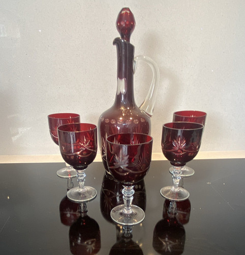 Red clear cut glass - red, etched