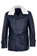 Men's Kriegsmarine Blue Fur Collar New WW2 German Leather Deck Jacket Pea Coat