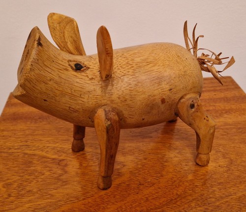 Wood carved pig statue bamboo - wood,