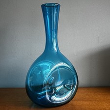 Vintage Blue Blenko Glass Dimple Pinched Bottle Vase 32cm Mid Century USA