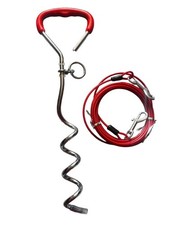 Dog Tie Out Stake & Cable Set Heavy Duty Spiral Ground Anchor Lead Red