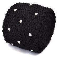 Frederick Thomas Knitted Silk Mens Tie - Black - Polka Dot Skinny / Slim Wedding