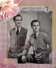 Vintage 1940s Mens Jumper Pullover Knitting Pattern . Fit 40in. Chest