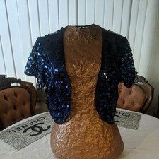 Size 14 Blue Sequin Short Capped Sleeve Open Bolero Jacket By Bm