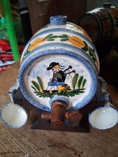 Vintage Breiz Ceramic Hand Painted Wine Barrel With 6 Cups.