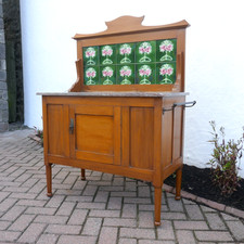 Antique Edwardian Marble Top Tile Back Satinwood Washstand. Art Nouveau c. 1910