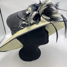 Jacques Vert Black & Cream Wide Brim Natural Fibre Feather Flower Occasion Hat