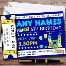 Blue Bouncy Castle Ticket Personalised Childrens Birthday Party Invitations
