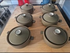 Denby Chevron Olive Green Cereal Soup Bowls with Lids Set of 6 Vintage