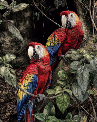 Two scarlet macaws perched - two,