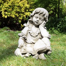 Reading Girl Garden Sculpture Stone Grey Angel Book Lawn Patio Ornament Statue