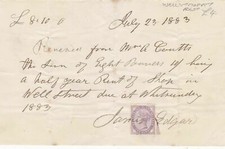 Rec From Mr A. Coutts 1883 Half Yr Rent For Shop Well St Stamp Receipt Ref 40054