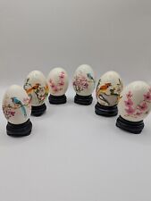 6 Hand Painted Real Blown Chicken Egg Easter Ornaments With Stands