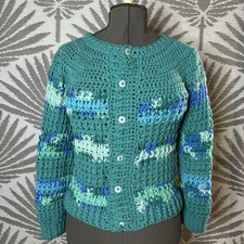 Handmade Crochet Cardigan Sweater Women S/M Teal Blue Boho Cottagecore Granny