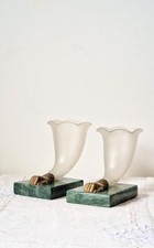 Pair Frosted Glass Cornucopia Vases On Green Marble Base In Bronze? Brass? Fist 